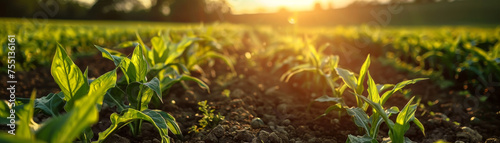 Rows of young green crop seedlings grow in fertile soil, basking in the golden sunlight of early morning.