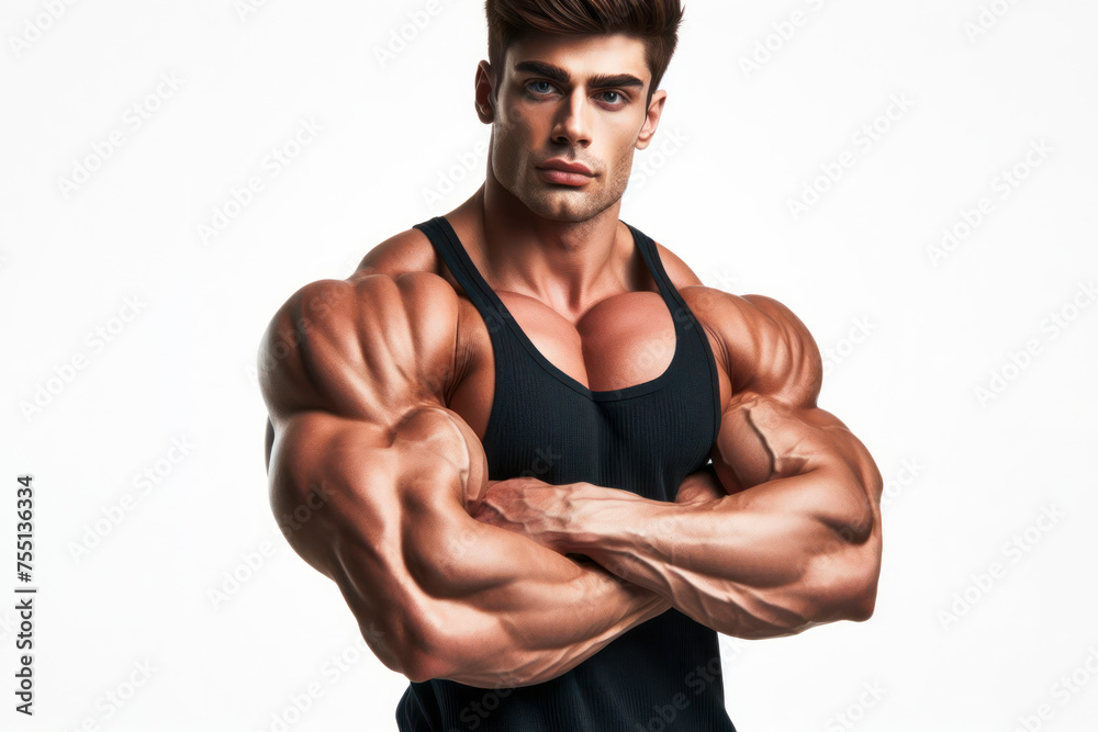 Fototapeta premium Strong muscular male posing against close up isolated on solid white background. ai generative
