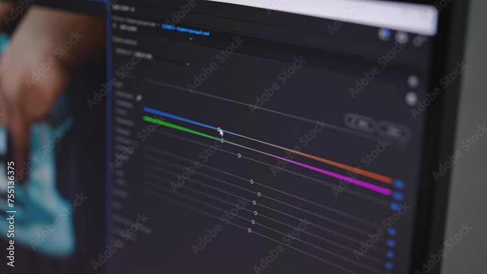 Close-up of video maker editing movie, making color correction using modern software app. Program interface with color tools, RGB wheels and levels on PC screen. Film post production concept. Close-up of video maker editing movie, making color correction using modern software app. Program interface with color tools, RGB wheels and levels on PC screen. Film post production concept.