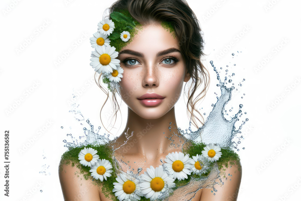 Portrait beautiful woman formed from chamomile and water splash isolated on a white background. ai generative