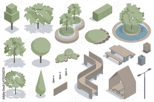 Green park isometric elements constructor mega set. Creator kit with flat graphic trees and bushes for landscaping, wooden benches, fence, lantern, trash bin. Vector illustration in 3d isometry design © alexdndz