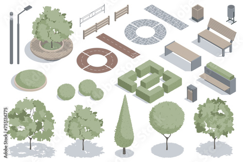 Modern park isometric elements constructor mega set. Creator kit with flat graphic street lanterns, trees and bushes, fences, benches, trash bins, pathes. Vector illustration in 3d isometry design © alexdndz