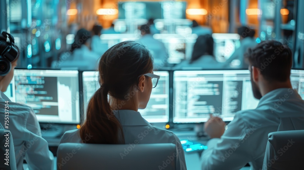 Group of people using computers and making calculations, in the style of code-based creations. Generative AI. Group of people using computers and making calculations, in the style of code-based creations. Generative AI.