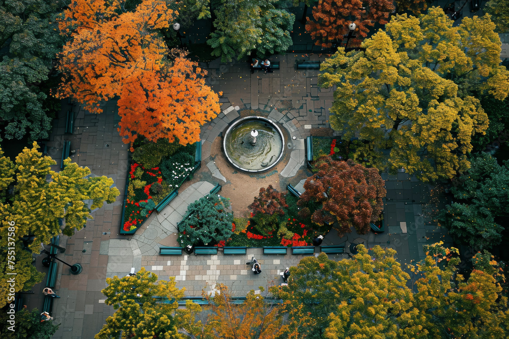 A bird's eye view of a city park with trees, benches, and a fountain A bird's eye view of a city park with trees, benches, and a fountain