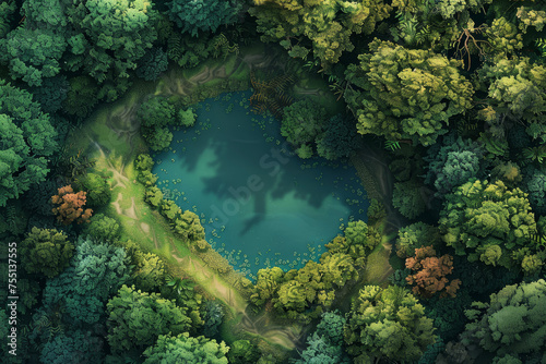 A bird's eye view of a forest with trees, trails, and a lake
