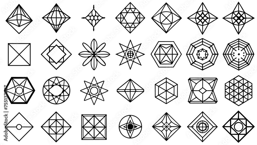 Fototapeta premium Set of abstract sacred geometry symbol icon vector elements template, clean minimal geometric logo collection