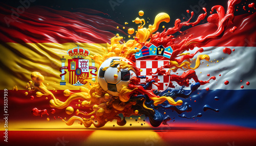 liquify country flags of Spain and Croatia splash towards each other, with a soccer ball in the middle, football EM 2024, Group phase matchday 1, Generative ai photo