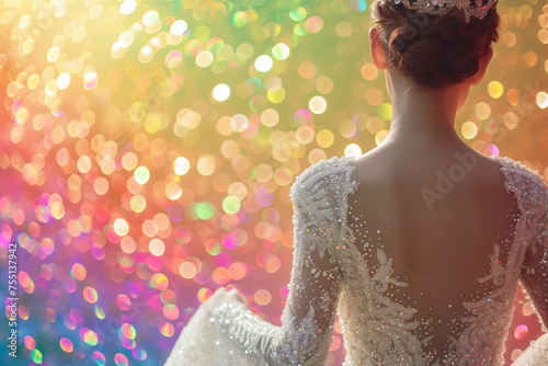 Dride from behind in wedding dress woman, bright glitter background. photo