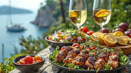 Greek food concept with farmers salad and souvlaki skewers and white wine glasses in front of the sparkling blue Aegean sea during summer time photo