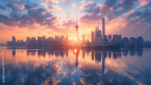 Shanghai's skyline is bathed in the soft hues of sunrise, with the sun peeking between the skyscrapers, reflected in the calm waters below.