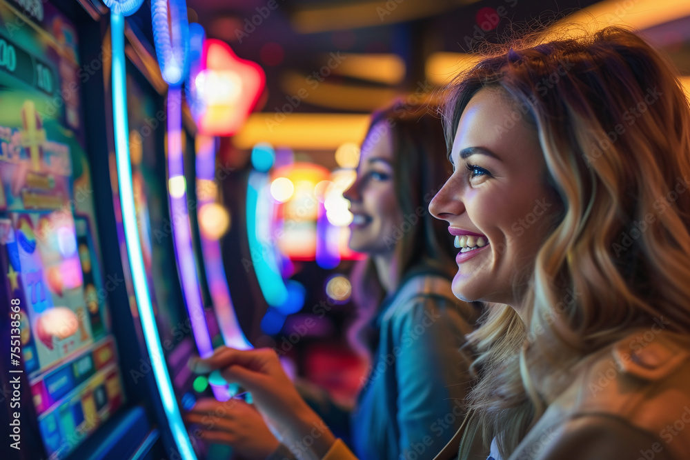Happy young woman smiling near slot machines in a casino. Gambling concept Happy young woman smiling near slot machines in a casino. Gambling concept