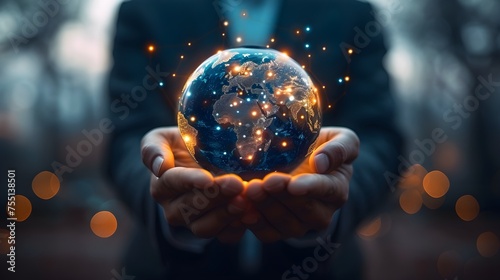 A pair of hands holds a transparent globe with digital connections representing the network, global communication