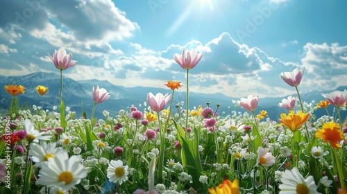 Spring flowers against the background of the sky and mountains. Generative AI.