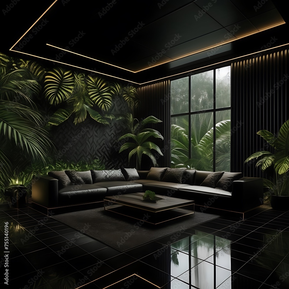 Contemporary Black Room Interior with Plants, Large Windows, & LED ...
