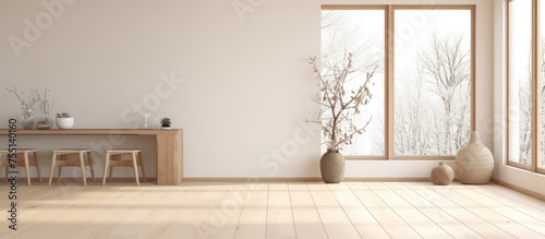 An empty Scandinavian room with a wooden floor and a large wall. A table and chairs are the only furniture present. Vases adorn the floor, and a window displays a white landscape.