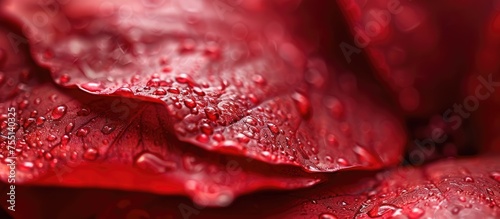 A close up of a crimson rose with dew drops glistening on its petals  showcasing intricate patterns and hues of carmine in macro photography