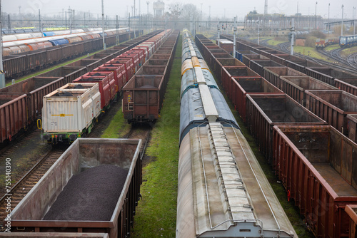 Top view of a station full of freight rail wagons on a cloudy day