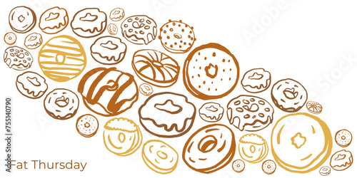 Hand drawn donut set for Fat Thursday on white background. Collection of cute donuts in doodle style. 