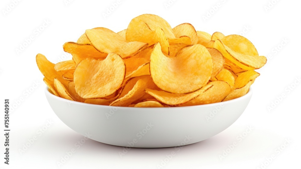 Potato Chips Organic Crinkle Ready to Eat Snack. Realistic potato chips in bowl isolated on white background, icon, detailed. Grocery product package, menu, advert Potato Chips Organic Crinkle Ready to Eat Snack. Realistic potato chips in bowl isolated on white background, icon, detailed. Grocery product package, menu, advert