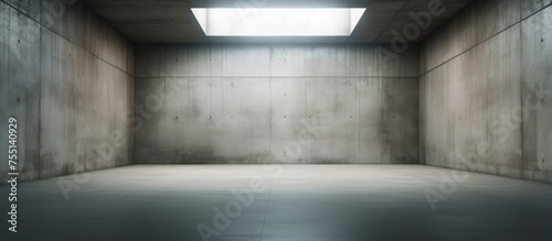 This modern abstract concrete room remains empty, featuring a rectangular ceiling opening that acts as a skylight, allowing natural light to illuminate the rough industrial interior design. photo