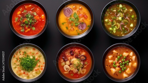 Variety of restaurant hot dishes, healthy food. Japanese, asian soup, english soup, mushroom chicken soup, isolated on white. Big set of soups from worldwide cuisines, healthy food.
