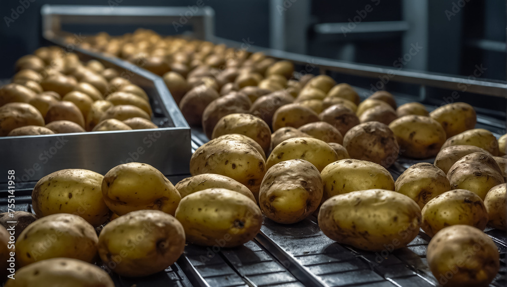 raw potatoes on a conveyor belt