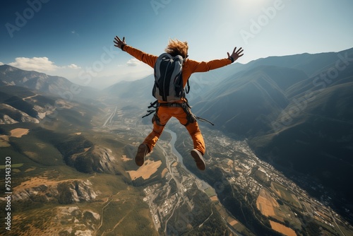 A man wearing an orange suit is flying through the air, defying gravity with his daring leap.