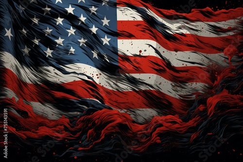 An American flag with streaks of red and white, symbolizing patriotism and pride.