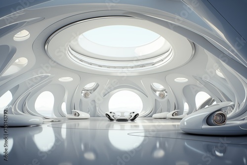 Futuristic high-tech room with large windows offering a panoramic view. © Oleksandr