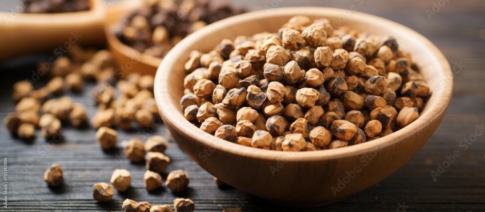 A wooden bowl filled with chickpeas, a versatile ingredient from the legume family, sitting on a wooden table, ready to be used in a variety of dishes and recipes A wooden bowl filled with chickpeas, a versatile ingredient from the legume family, sitting on a wooden table, ready to be used in a variety of dishes and recipes