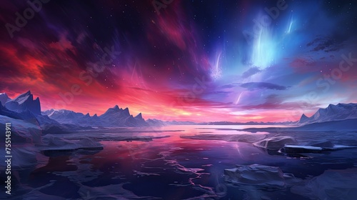 Colorful polar lights in an arctic landscape. Beautiful aurora borealis.