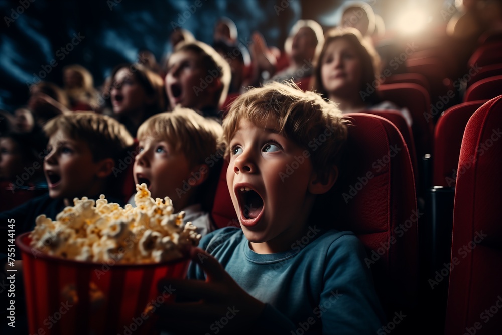 A young boy is sitting with his mouth open, engrossed in watching a movie on the screen in front of him.