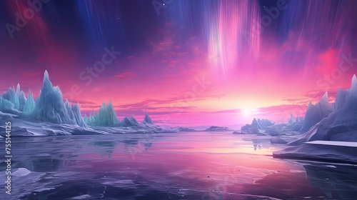 Colorful polar lights in an arctic landscape. Beautiful aurora borealis.