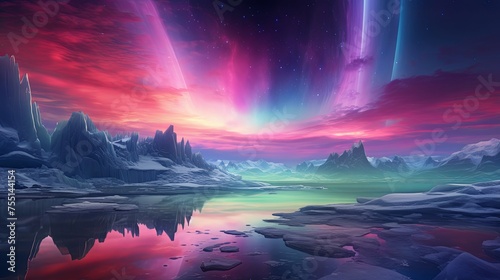 Colorful polar lights in an arctic landscape. Beautiful aurora borealis.