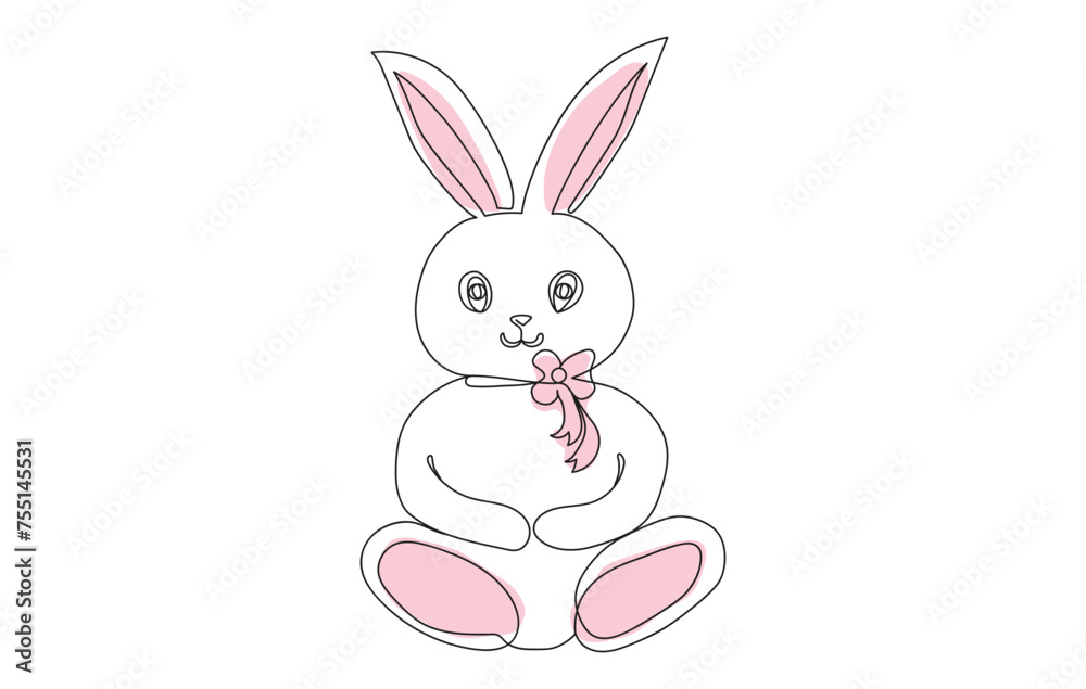 Cute pink toy bunny. Continuous one line drawing of Rabbit. Simple line art of Easter Bunny. Isolated on white background. Minimalist style. Design element for print, greeting, postcard, scrapbooking.