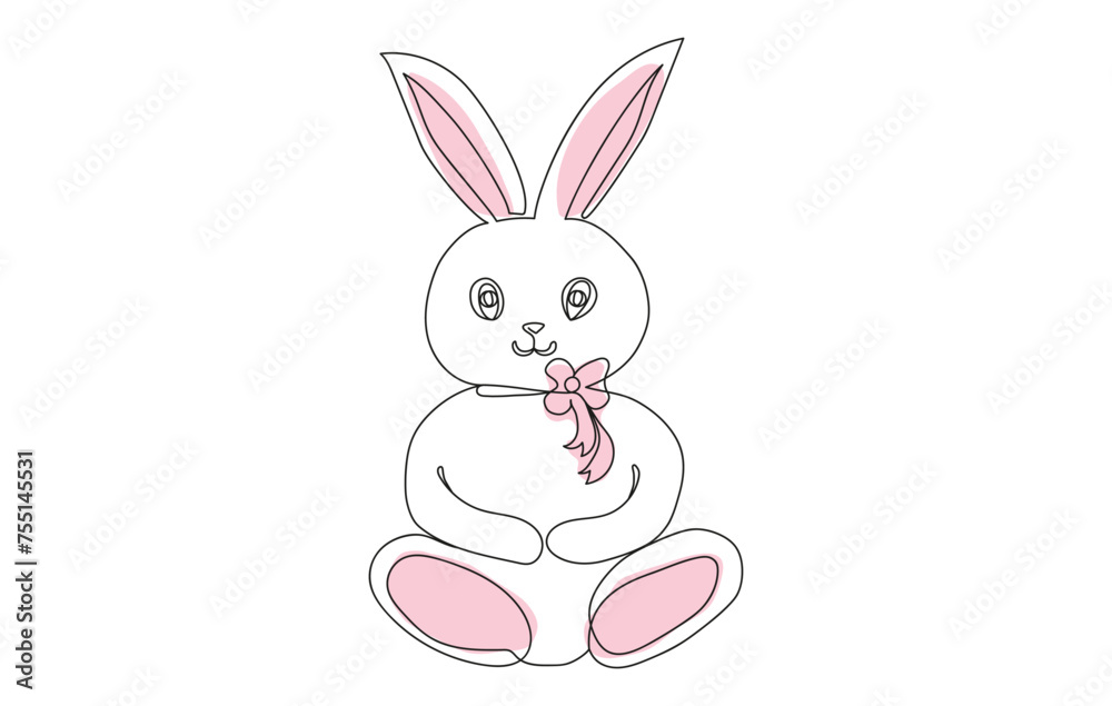 Cute pink toy bunny. Continuous one line drawing of Rabbit. Simple line art of Easter Bunny. Isolated on white background. Minimalist style. Design element for print, greeting, postcard, scrapbooking. Cute pink toy bunny. Continuous one line drawing of Rabbit. Simple line art of Easter Bunny. Isolated on white background. Minimalist style. Design element for print, greeting, postcard, scrapbooking.