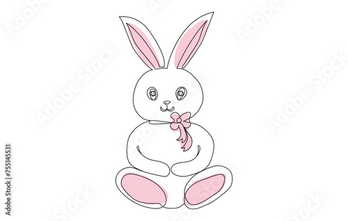 Cute pink toy bunny. Continuous one line drawing of Rabbit. Simple line art of Easter Bunny. Isolated on white background. Minimalist style. Design element for print, greeting, postcard, scrapbooking.