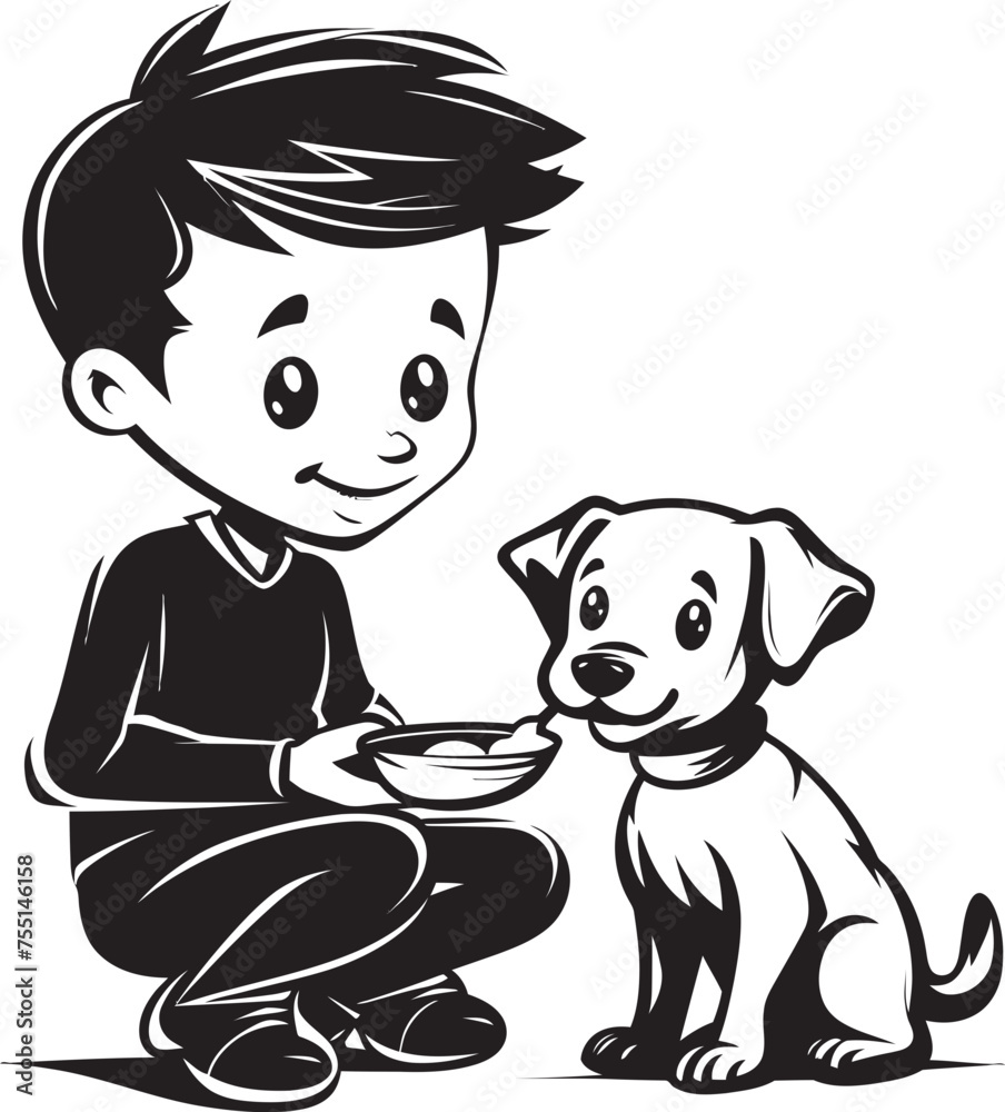 Loving Gestures Cartoon Small Boy Symbolic Emblem Gentle Care Boy Feeding Puppy Vector Graphic
