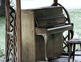 Stare pianino stoi w parki. Elegancki fortepiany postawiony na świeżym powietrzu dla przechodniów. Zabytkowy instrument, krzesło i osłona z drewna.