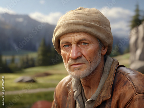 Älterer Herr in einer bergigen Wiesenlandschaft. Alm, Ziegenhirte.
