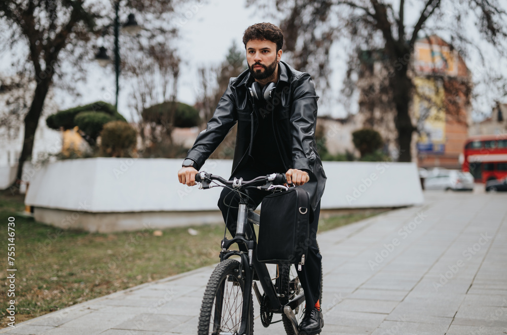 A modern male business entrepreneur riding a bike to work through city streets, conveying eco-friendly transportation.