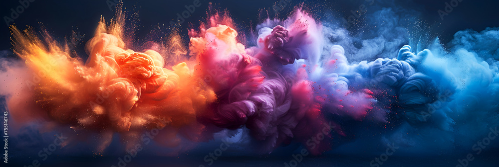 Holi background, colored powder on dark background with empty space for design. Banner.