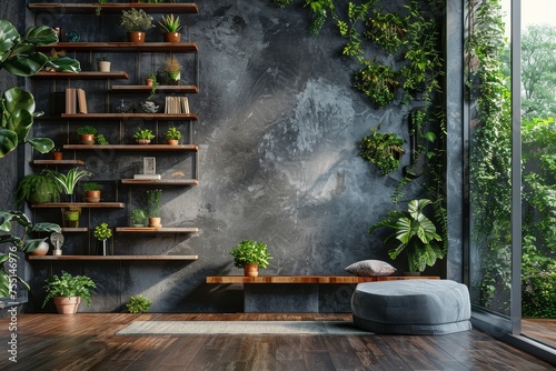 Modern living room interior with plants and a concrete background wall.