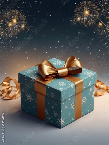 Gift box with gold ribbon Merry Christmas and Happy New Year