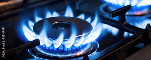 two kitchen gas stove burners, close up of blue flame