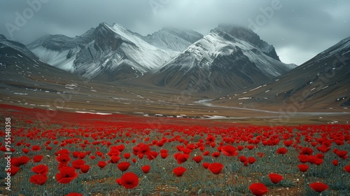 a large field of red flowers in front of a mountain range with snow on the top of the mountains in the distance. photo