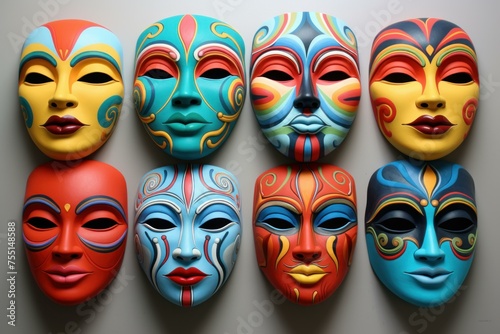 Intriguing Row of colorful masks on wall. Ornament texture face art culture. Generate Ai