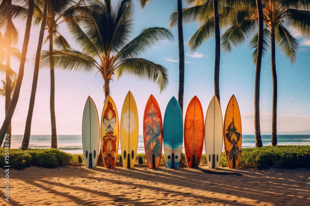 Tranquil Row of surfboards on beach. Palm travel. Generate Ai - obrazy, fototapety, plakaty 
