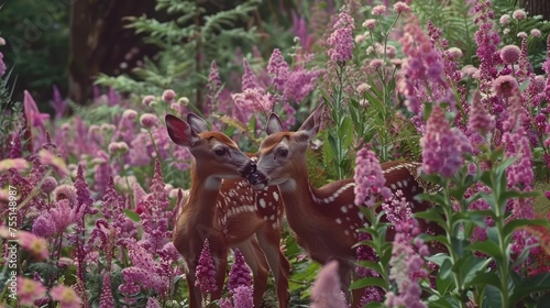 a couple of deer standing next to each other on a lush green field of purple flowers in front of a forest. photo