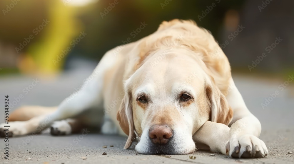 a close up of a dog laying on the ground with it's head on the ground and it's paws on the ground.